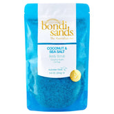 A package of Bondi Sands Coconut & Sea Salt Body Scrub, 250g size, with blue packaging and visible coconut husk and sea salt crystals.